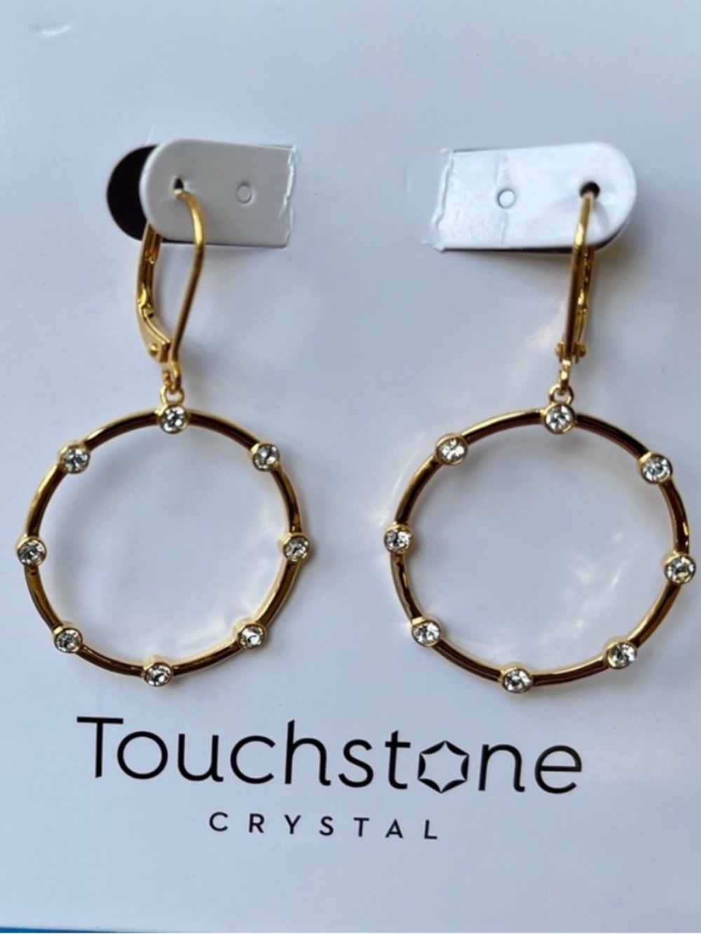 Touchstone Crystal Gold Hoop Earrings with Clear Crystals, BNIB